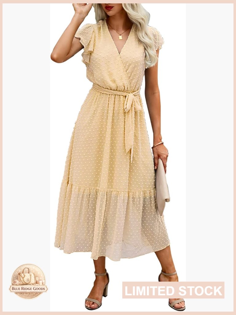 Women Boho Floral Wrap V Neck Ruffle Cap Sleeveless A-Line Pleated Midi Sun
